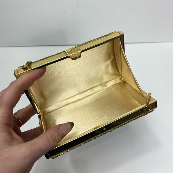 Vintage Gold Art Deco Circle Pattern Beading Buckle Detail Chain Strap Clutch - Picture 5 of 7